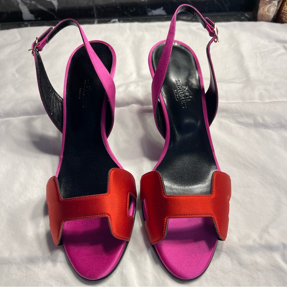 HERMES Night 70 Bicolour Fuchsia / Red Satin Slingback Sandals Size 37 NEW